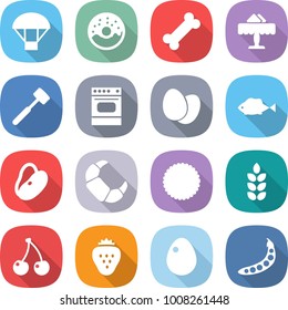 flat vector icon set - parachute vector, donut, bone, restaurant, meat hammer, oven, eggs, fish, beans, croissant, cookies, spike, cherry, strawberry, egg, peas