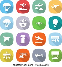 flat vector icon set - parachute vector, weather management, journey, plane, delivery, shipping, air ballon, deltaplane, airport tower, arrival, conditioning, helicopter, blower, hand dryer