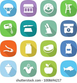 flat vector icon set - parachute vector, market, donut, Chair for babies, mixer, cutting board, stands knives, kitchen scales, walnut crack, bank, steake, flour, grape, corn, apple, fish