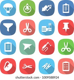flat vector icon set - parachute vector, rocket, up down arrow, clipboard, funnel, scissors, mall, pin, deltaplane, welding, beans, clothespin, list