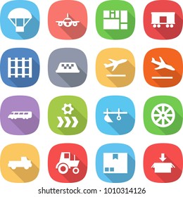 flat vector icon set - parachute vector, plane, consolidated cargo, railroad shipping, pallet, taxi, departure, arrival, speed train, conveyor, plow, wheel, pickup, tractor, package