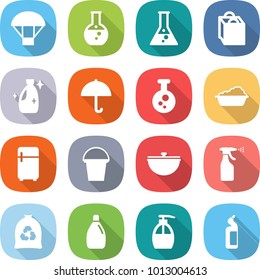 flat vector icon set - parachute vector, round flask, shopping bag, cleanser, dry cargo, chemical, washing, fridge, bucket, cauldron, sprayer, garbage, liquid soap, toilet