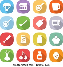 flat vector icon set - parachute vector, market, pan, cup, ladle, cutting board, microwave oven, blender, grater, bank, cupcake, onion, cherry, pills bottle, strawberry