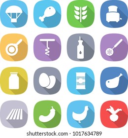 flat vector icon set - parachute vector, chicken leg, spikelets, toaster, pan, corkscrew, vegetable oil, skimmer, bank, eggs, pasta, field, eggplant, beet