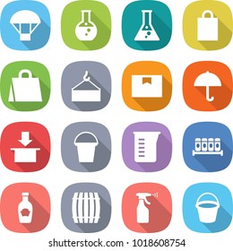 flat vector icon set - parachute vector, round flask, shopping bag, loading crane, package box, dry cargo, bucket, measuring cup, spices, ketchup, barrel, sprayer