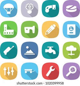 flat vector icon set - parachute vector, bulb brain, hand coin, pill, mansion, slum, pencil, passport, suitcase, landscape, water tap, cloud, setup, trailer, wrench, viruses