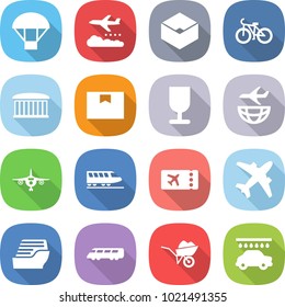 flat vector icon set - parachute vector, weather management, box, bike, airport building, package, fragile, plane shipping, train, ticket, airplane, cruise ship, speed, wheelbarrow, car wash