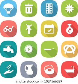 flat vector icon set - parachute vector, bin, pills blister, virus, pacemaker, windmill, terms, chemical, water tap, solar power, pan, pretzel, harvest, jug, soap, bath