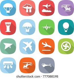 flat vector icon set - parachute vector, factory filter, weather management, ambulance helicopter, airport tower, delivery, plane, air ballon, deltaplane, airplane, arrival, cooler fan, conditioning
