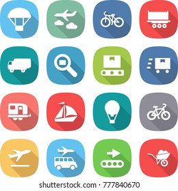 flat vector icon set - parachute vector, journey, bike, truck shipping, cargo search, transporter tape, fast deliver, trailer, sail boat, air ballon, departure, transfer, conveyor, wheelbarrow