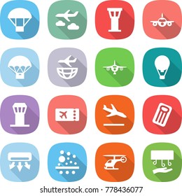 flat vector icon set - parachute vector, journey, airport tower, plane, delivery, shipping, air ballon, ticket, arrival, inflatable mattress, conditioning, filter, helicopter, hand dryer