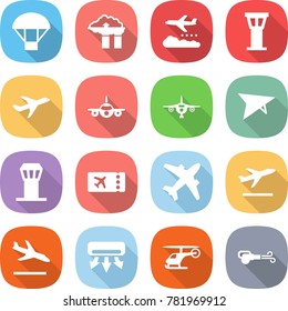 flat vector icon set - parachute vector, factory filter, weather management, airport tower, plane, deltaplane, ticket, airplane, departure, arrival, air conditioning, helicopter, blower