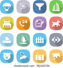 flat vector icon set - parachute vector, bang, funnel, skyscraper, factory, phone 24, inventory, dog, shark flipper, windsurfing, fence, connect, pig, wasp, clean window, spot