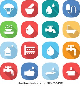 flat vector icon set - parachute vector, mortar, blood drop, dropper, fountain, water tap, bath, hand mill, watering, and, package