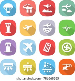 flat vector icon set - parachute vector, factory filter, weather management, journey, airport tower, plane, shipping, airplane, inflatable mattress, cooler fan, air conditioning, helicopter