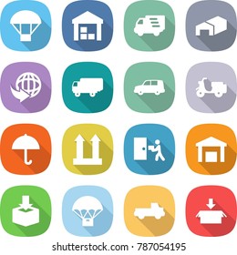 flat vector icon set - parachute vector, warehouse, delivery, shipping, car, scooter, dry cargo, top sign, courier, package, pickup