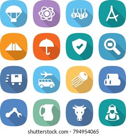 flat vector icon set - parachute vector, atom, sale, draw compass, pyramid, dry cargo, protected, search, fast deliver, transfer, jellyfish, pipes, robot hand, jug, cow, cleaner
