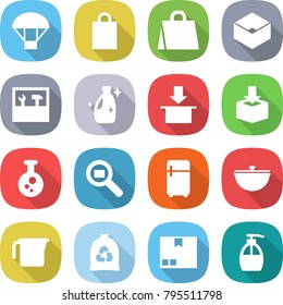 flat vector icon set - parachute vector, shopping bag, box, tools, cleanser, package, chemical, cargo search, fridge, cauldron, measuring cup, garbage, liquid soap
