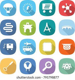 flat vector icon set - parachute vector, lightning, delivery, virus, intestines, arch, draw compass, bridge, fast deliver, transfer, cpu, colander, whisk, sheep, viruses, outsource