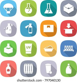 flat vector icon set - parachute vector, round flask, box, cleanser, potion bottle, package, uv cream, washing, spices, ketchup, barrel, trash bin