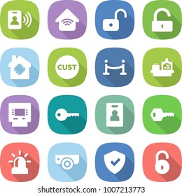 flat vector icon set - pass card vector, wireless home, unlock, smart house, customs, vip fence, baggage checking, atm, key, identity, alarm, surveillance camera, shield