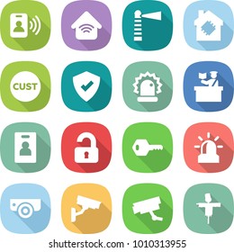 flat vector icon set - pass card vector, wireless home, lighthouse, smart house, customs, protected, alarm, inspector, identity, unlocked, key, surveillance camera, scarecrow