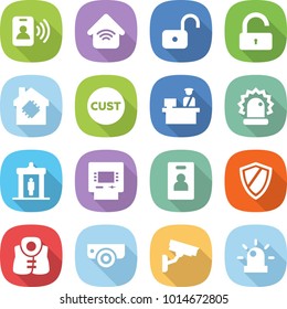 flat vector icon set - pass card vector, wireless home, unlock, smart house, customs, control, alarm, detector, atm, identity, shield, life vest, surveillance camera, siren