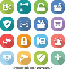 flat vector icon set - pass card vector, lighthouse, unlock, customs control, protected, vip fence, inspector, atm, surveillance, locked, intercome, alarm, camera, shield, scarecrow