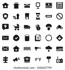 Flat vector icon set - pasta vector, mushroom, presentation, cash, percent growth, calculator, sand clock, horizontal bar, prohibition sign, hoop, signpost, traking, delivery, calendar, document