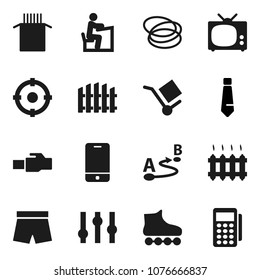 Flat vector icon set - pasta vector, student, tie, shorts, roller Skates, hoop, cargo, route, settings, mobile phone, lan connector, fence, heating, tv, target, card reader