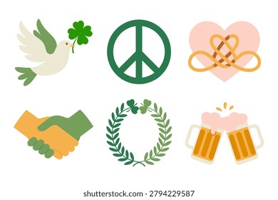 Flat vector icon set for peace, luck, and unity, featuring dove, peace sign, handshake, laurel wreath, beer mugs, and clover leaf.