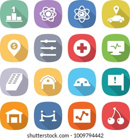 flat vector icon set - pedestal vector, atom, car pointer, dollar pin, equalizer, medical cross, monitor pulse, brick, barn, dome house, important flag, warehouse, vip fence, analytics, cherry