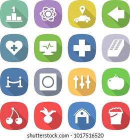 flat vector icon set - pedestal vector, atom, car pointer, left arrow, heart cross, monitor pulse, brick, vip fence, ring button, setup, tomato, cherry, beet, barn, foam bucket