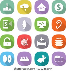 flat vector icon set - pedestal vector, cloud service, wireless home, dollar coin, mobile pay, spark plug, monitor pulse, ear, unlock, disco ball, hospital, plate washing, coil, seedling, rabbit