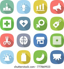 flat vector icon set - pedestal vector, bulb, graph up, megafon, medical cross, heart, female sign, label, scissors, brain, shop, cpu, siren, bank, eggplant, udder