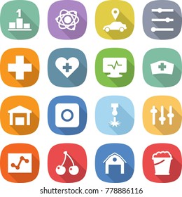 flat vector icon set - pedestal vector, atom, car pointer, equalizer, medical cross, heart, monitor pulse, hat, warehouse, ring button, laser, setup, analytics, cherry, barn, foam bucket