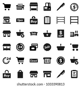 Flat vector icon set - pen vector, dollar coin, cart, credit card, office, shelving, sale, open, closed, 24 hour, shopping bag, market, store, mall, buy, receipt, basket, list