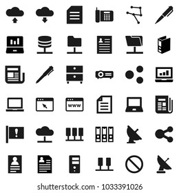 Flat vector icon set - pen vector, notebook pc, document, archive, personal information, laptop graph, binder, prohibition sign, attention, satellite antenna, newspaper, network, server, folder