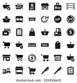 Flat vector icon set - pen vector, dollar coin, cart, credit card, shelving, sale, open, closed, 24 hour, shopping bag, market, store, mall, buy, receipt, basket, list