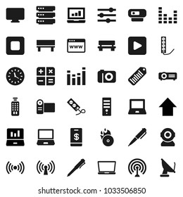 Flat vector icon set - pen vector, notebook pc, laptop graph, arrow up, clock, barcode, music hit, antenna, equalizer, remote control, play button, stop, big data, browser, bench, wireless, tap pay