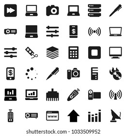 Flat vector icon set - pen vector, notebook pc, laptop graph, arrow up, music hit, camera, equalizer, remote control, stop button, forward, big data, browser, lan connector, loading, wireless, video