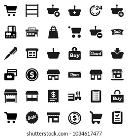 Flat vector icon set - pen vector, dollar coin, cart, credit card, office, shelving, sale, open, closed, 24 hour, shopping bag, market, store, mall, buy, receipt, basket, list