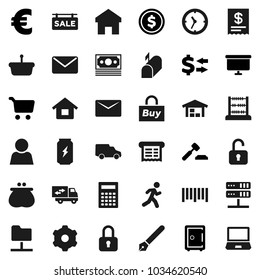 Flat vector icon set - pen vector, calculator, abacus, exchange, dollar coin, cart, auction, presentation board, safe, euro sign, enegry drink, run, money, car, clock, barcode, network folder, gear