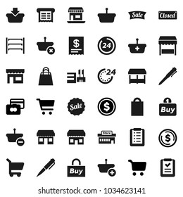 Flat vector icon set - pen vector, dollar coin, cart, credit card, office, shelving, sale, closed, 24 hour, shopping bag, market, store, mall, buy, receipt, basket, list