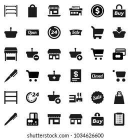 Flat vector icon set - pen vector, dollar coin, cart, credit card, office, shelving, sale, open, closed, 24 hour, shopping bag, market, store, mall, buy, receipt, basket, list
