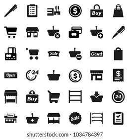 Flat vector icon set - pen vector, dollar coin, cart, credit card, office, shelving, sale, open, closed, 24 hour, shopping bag, market, store, mall, buy, receipt, basket, list