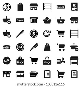 Flat vector icon set - pen vector, dollar coin, cart, office, shelving, sale, open, closed, 24 hour, shopping bag, market, store, mall, buy, receipt, basket, list