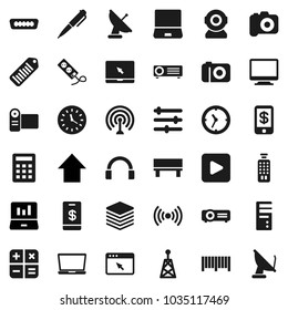 Flat vector icon set - pen vector, laptop graph, arrow up, clock, barcode, camera, antenna, remote control, headphones, notebook pc, play button, hdmi, big data, browser, equalizer, bench, wireless