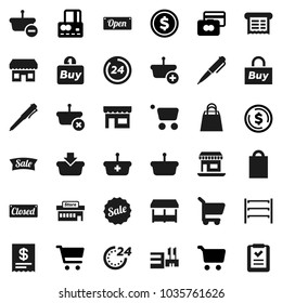 Flat vector icon set - pen vector, dollar coin, cart, credit card, office, shelving, sale, open, closed, 24 hour, shopping bag, market, store, mall, buy, receipt, basket, list