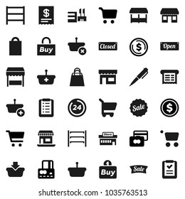 Flat vector icon set - pen vector, dollar coin, cart, credit card, office, shelving, sale, open, closed, 24 hour, shopping bag, market, store, mall, buy, receipt, basket, list
